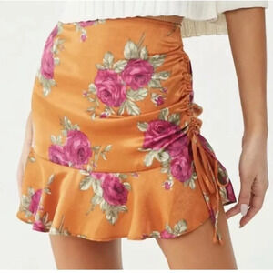 Forever 21 Satin Ruched Rose Print Mini Skirt Orange